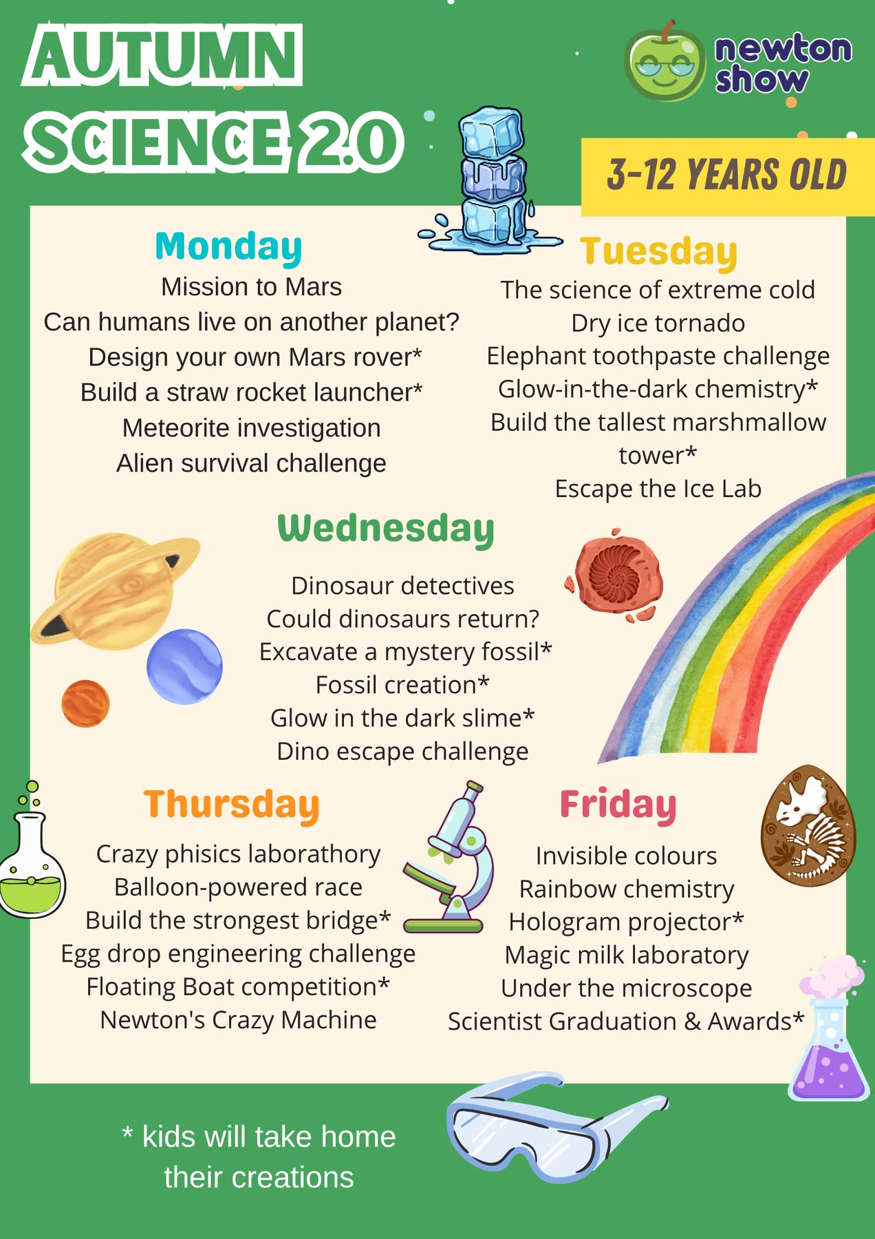 Autumn Science 2.0 camp leaflet — the five daily themes and experiments for Newtonshow Hong Kong Autumn Camp 2026